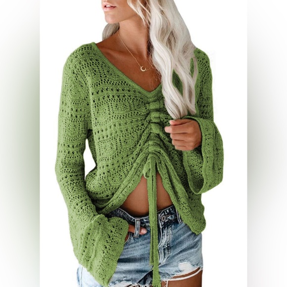 Tops - Women's Beach Off Shoulder Hollowed Out Horn Sleeve Drawstring Knitted Sweater